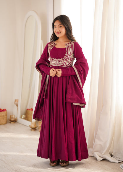 Magenta Pink Roman Silk Designer Party wear Anarkali Gown  Fancy Jacket and Dupatta