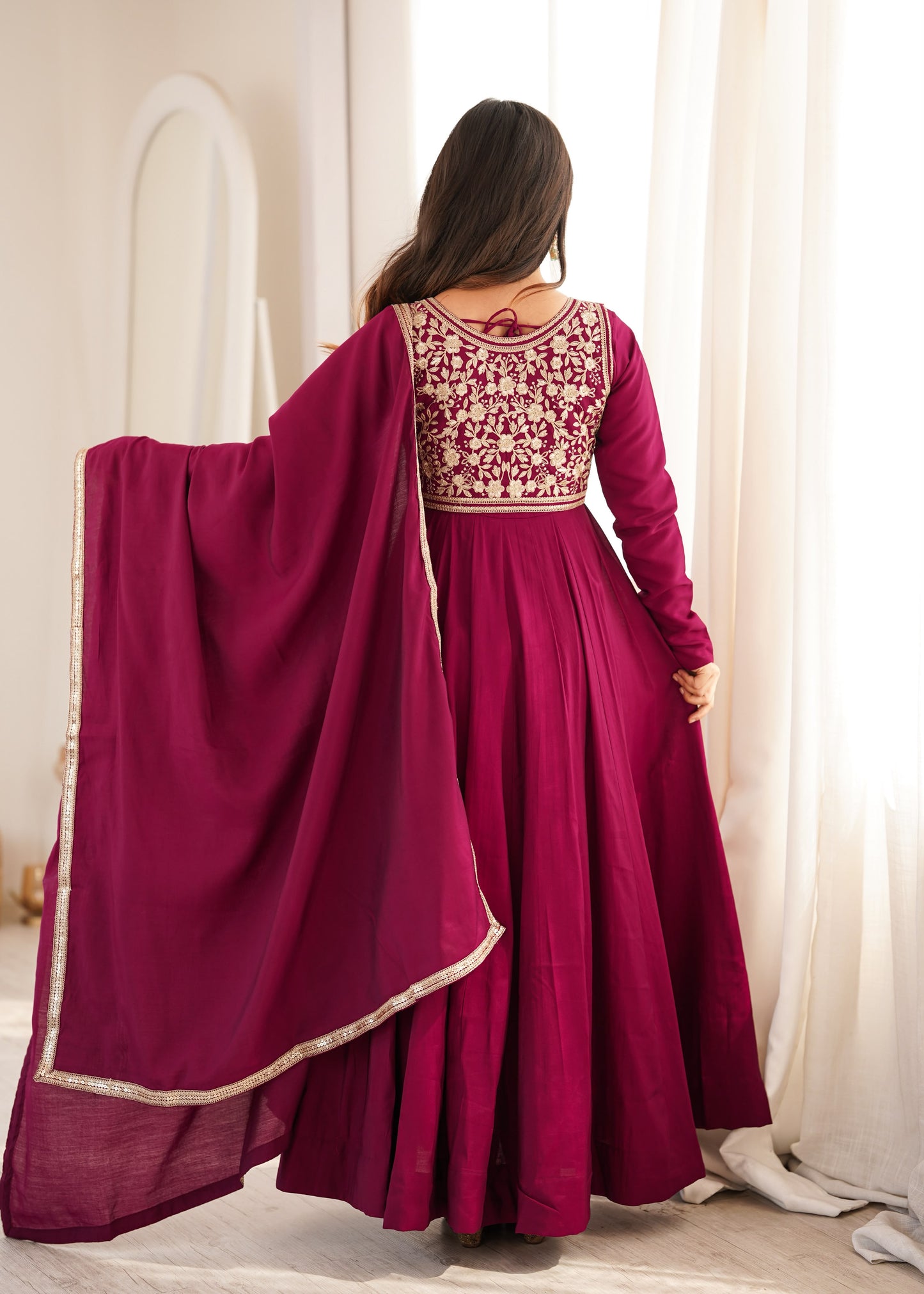 Magenta Pink Roman Silk Designer Party wear Anarkali Gown  Fancy Jacket and Dupatta