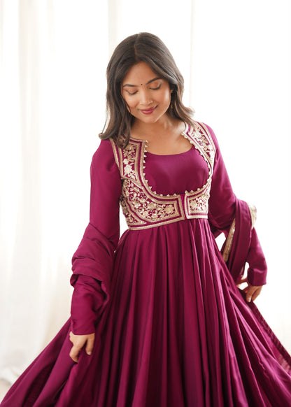 Magenta Pink Roman Silk Designer Party wear Anarkali Gown  Fancy Jacket and Dupatta