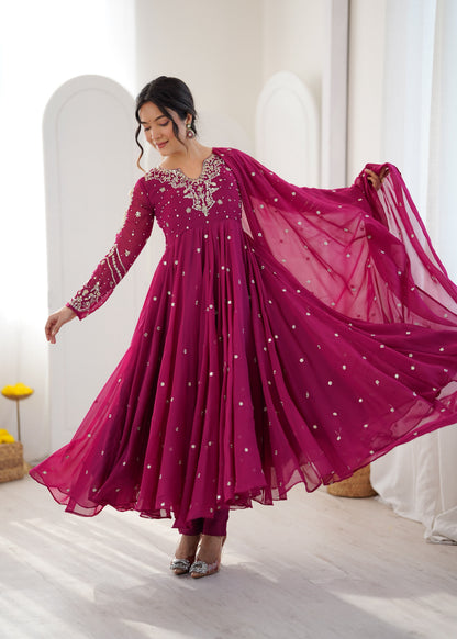 Magenta Pink Faux Georgette Designer Party Wear Anarkali Gown Pant and Dupatta