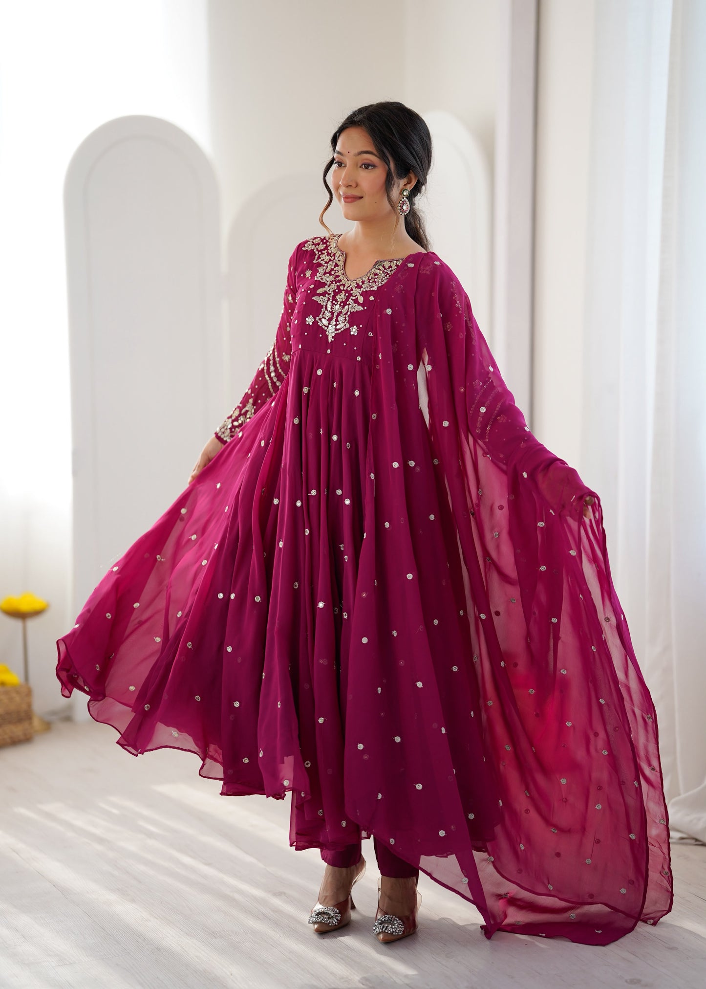Magenta Pink Faux Georgette Designer Party Wear Anarkali Gown Pant and Dupatta