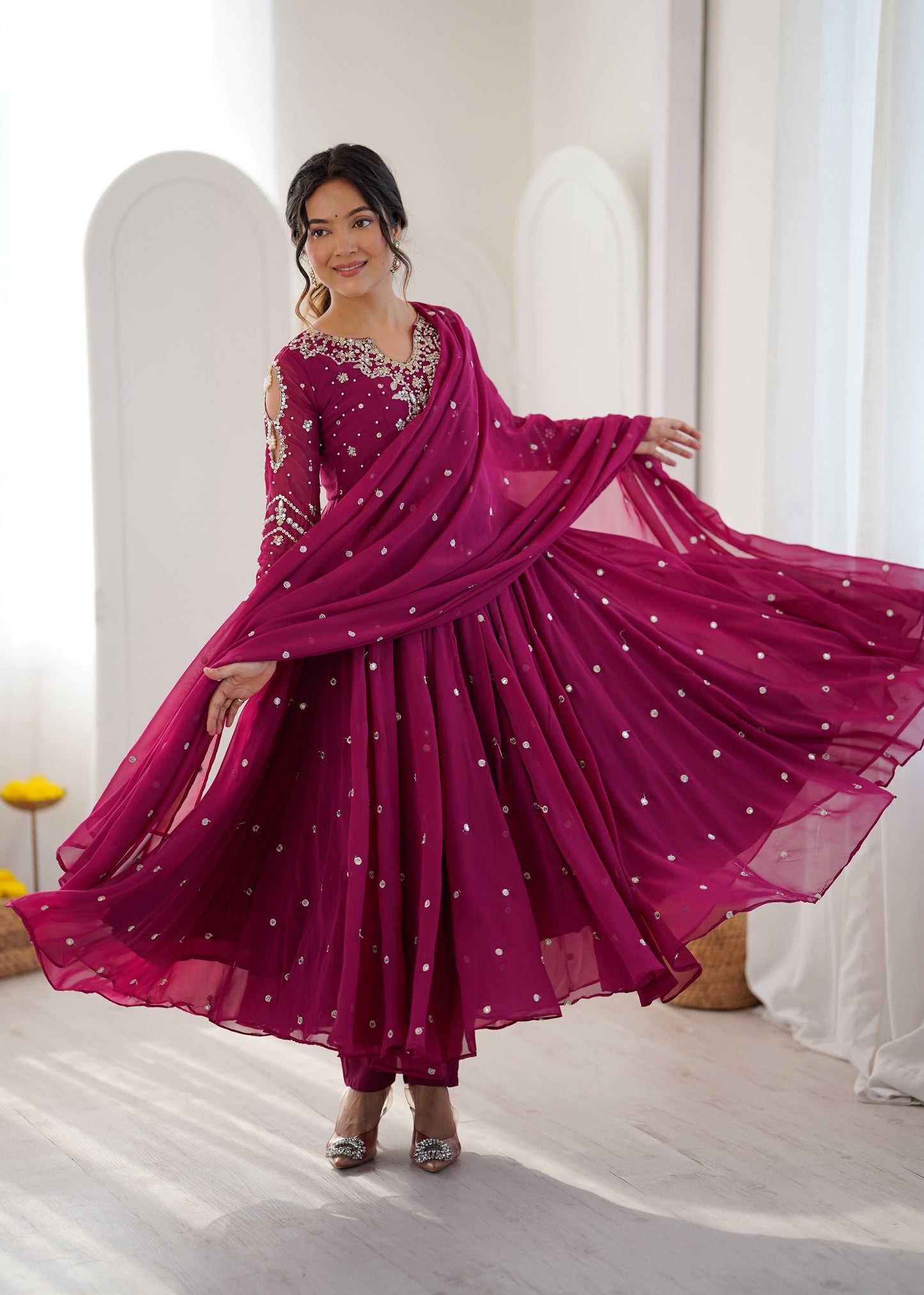 Magenta Pink Faux Georgette Designer Party Wear Anarkali Gown Pant and Dupatta