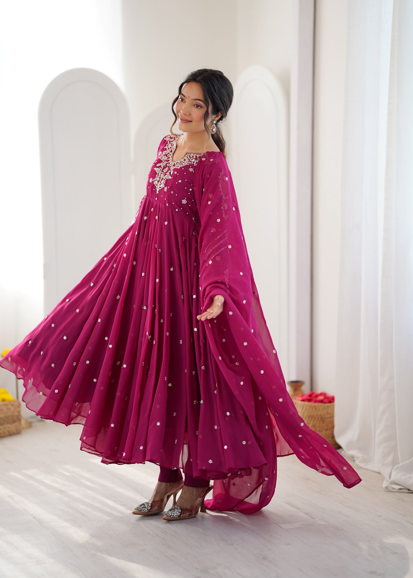Magenta Pink Faux Georgette Designer Party Wear Anarkali Gown Pant and Dupatta