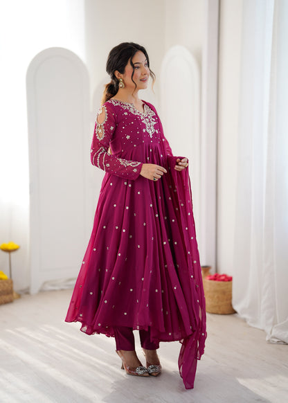 Magenta Pink Faux Georgette Designer Party Wear Anarkali Gown Pant and Dupatta