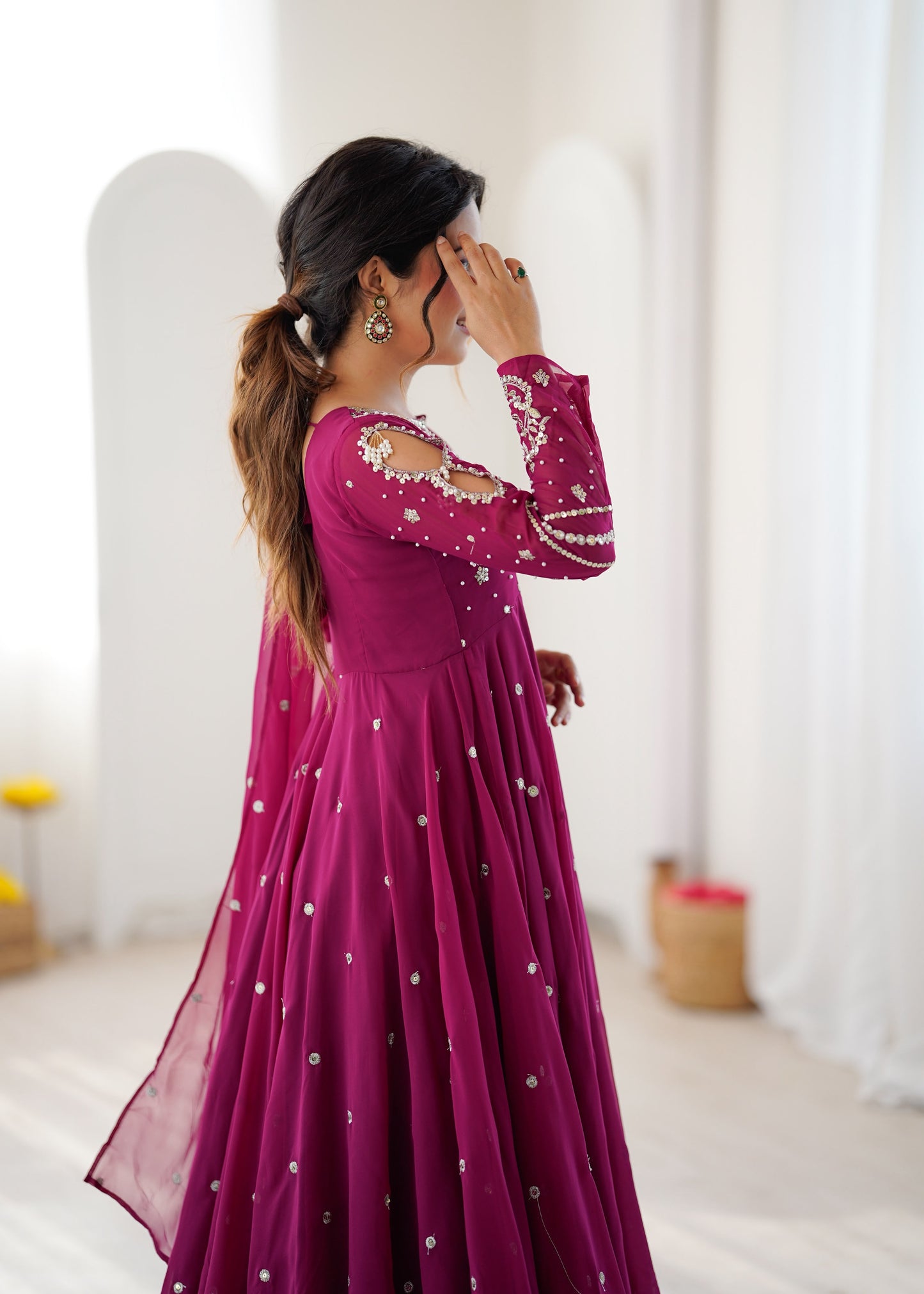 Magenta Pink Faux Georgette Designer Party Wear Anarkali Gown Pant and Dupatta