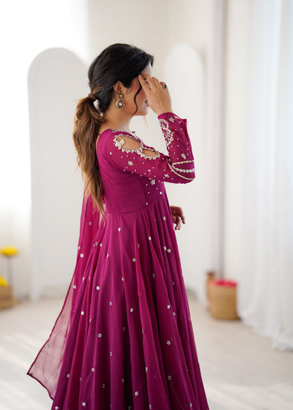 Magenta Pink Faux Georgette Designer Party Wear Anarkali Gown Pant and Dupatta