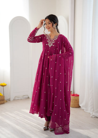 Magenta Pink Faux Georgette Designer Party Wear Anarkali Gown Pant and Dupatta