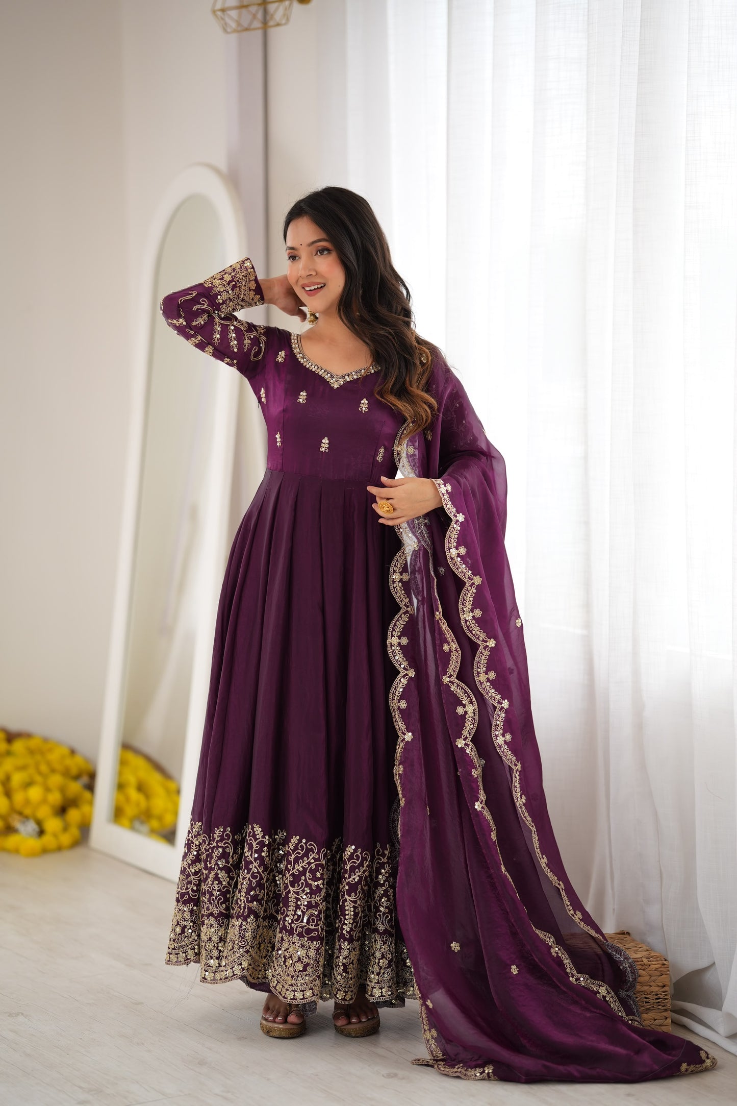 Wine color Fendy Silk Designer Party wear Anarkali Gown Pant and Dupatta