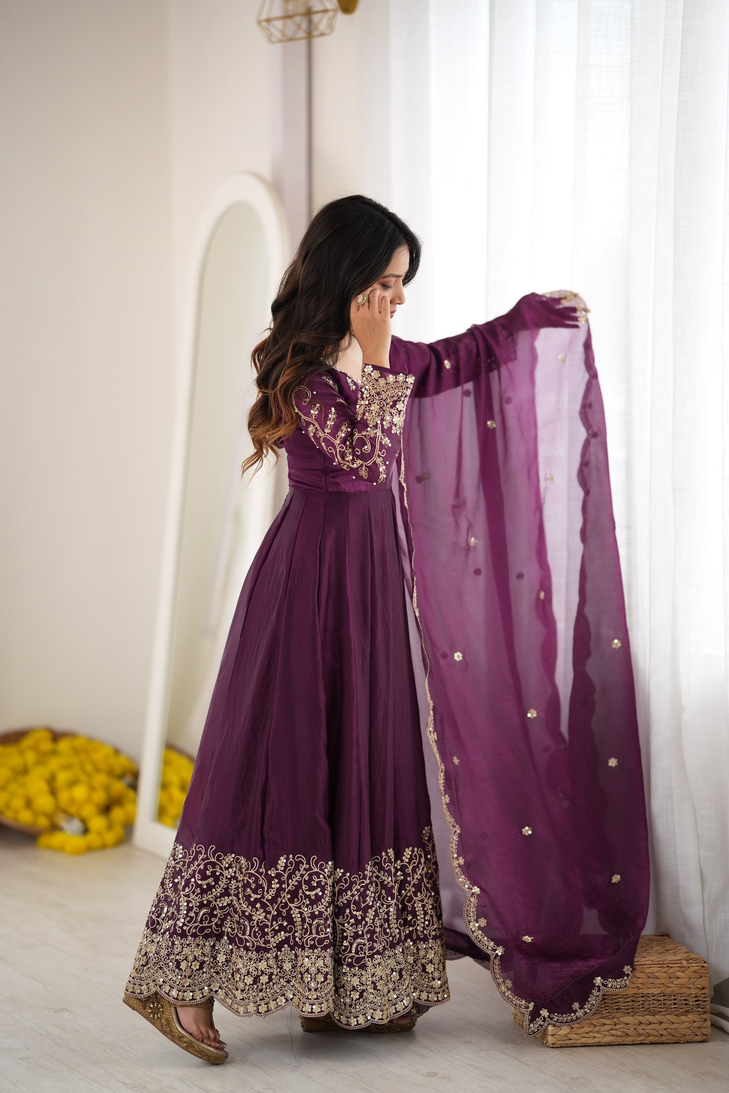 Wine color Fendy Silk Designer Party wear Anarkali Gown Pant and Dupatta