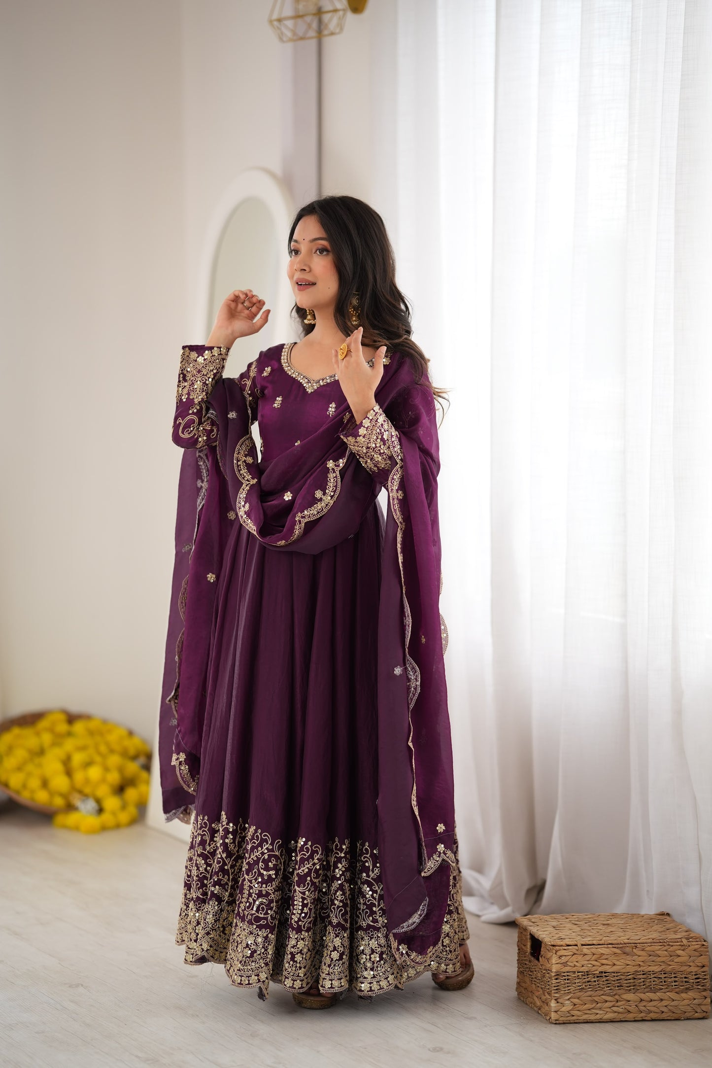 Wine color Fendy Silk Designer Party wear Anarkali Gown Pant and Dupatta