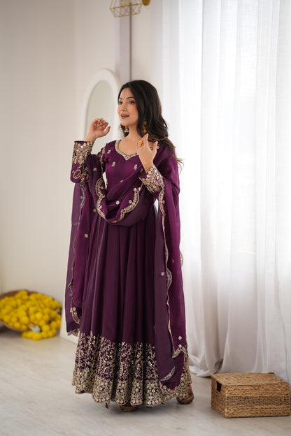 Wine color Fendy Silk Designer Party wear Anarkali Gown Pant and Dupatta