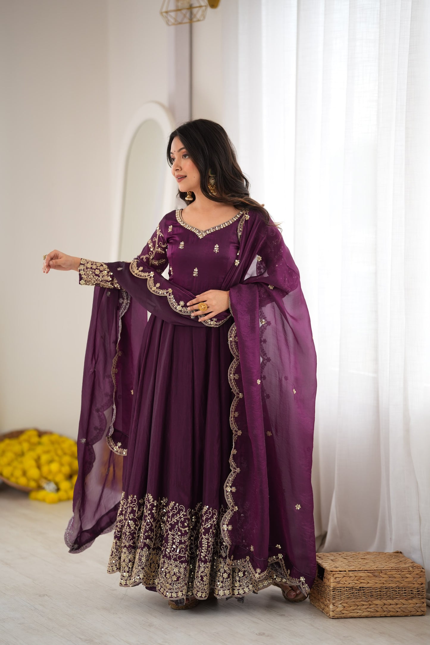Wine color Fendy Silk Designer Party wear Anarkali Gown Pant and Dupatta