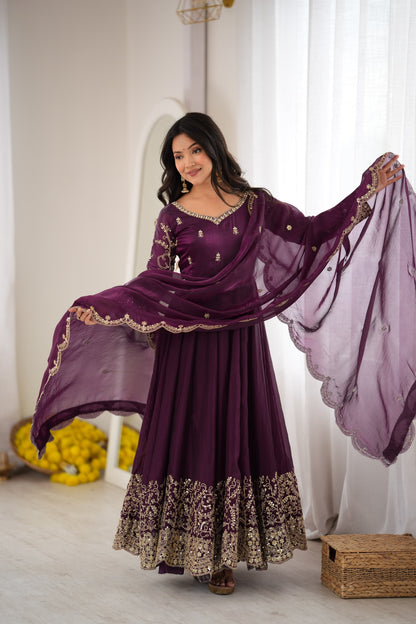 Wine color Fendy Silk Designer Party wear Anarkali Gown Pant and Dupatta