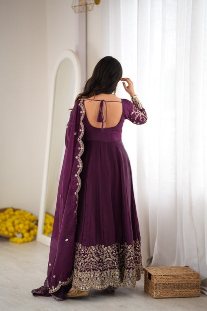 Wine color Fendy Silk Designer Party wear Anarkali Gown Pant and Dupatta