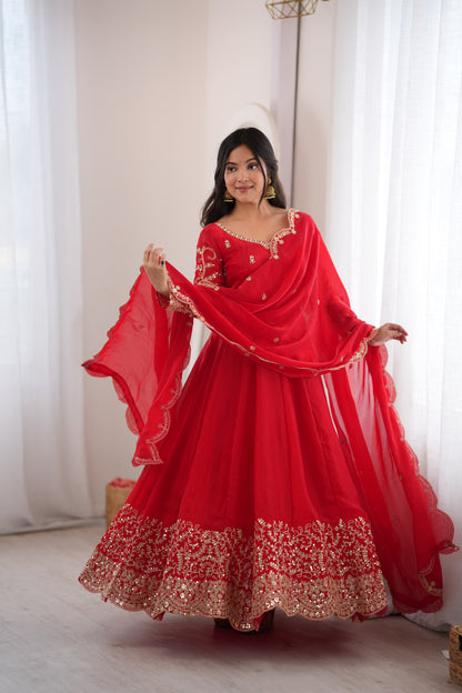 Red color Fendy Silk Designer Party wear Anarkali Gown Pant and Dupatta
