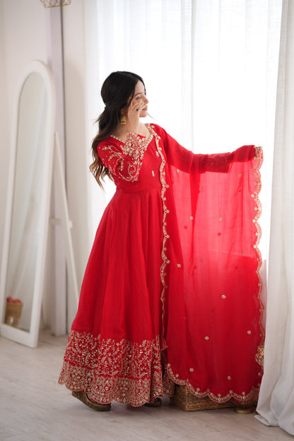 Red color Fendy Silk Designer Party wear Anarkali Gown Pant and Dupatta