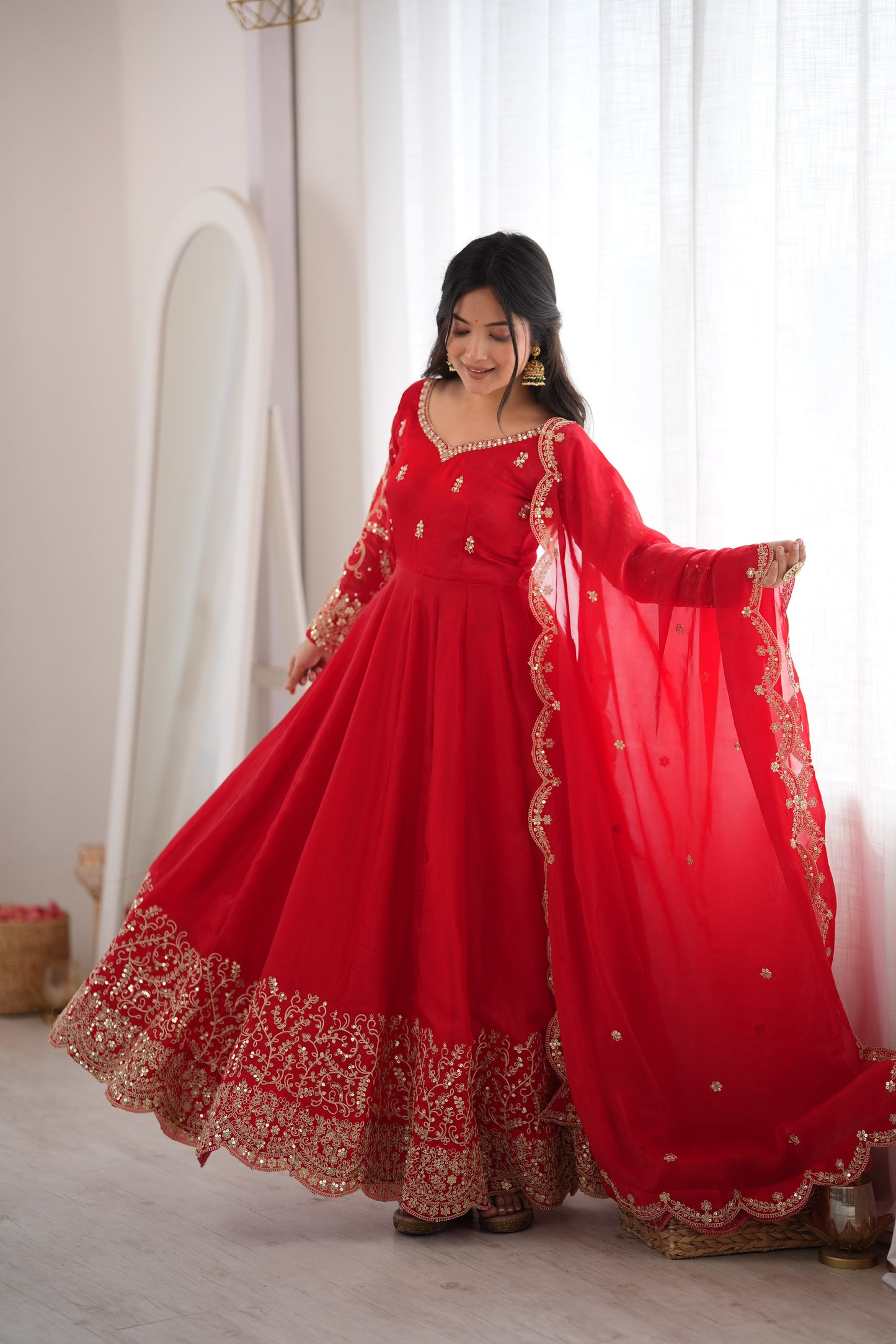 Red color Fendy Silk Designer Party wear Anarkali Gown Pant and Dupatta