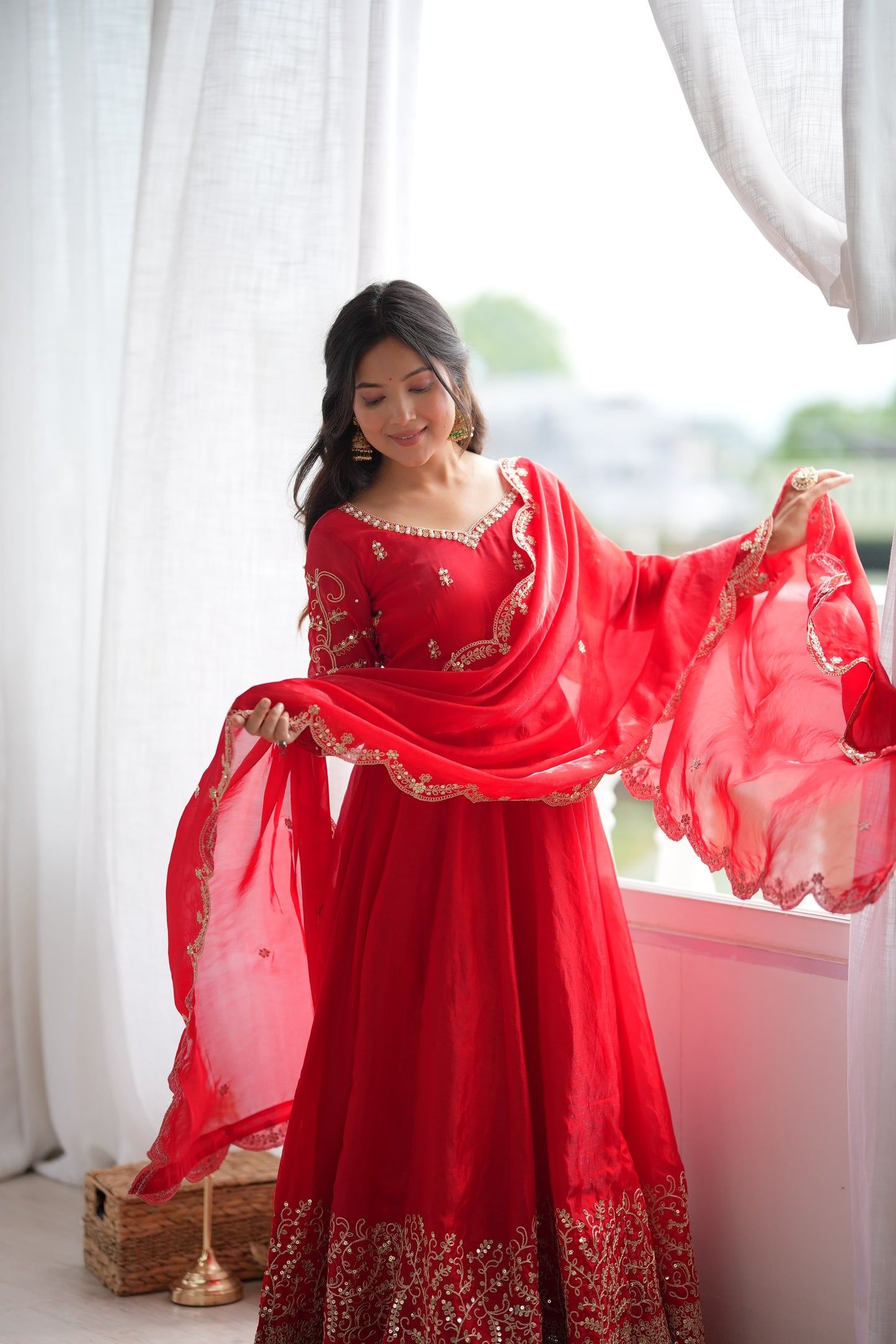 Red color Fendy Silk Designer Party wear Anarkali Gown Pant and Dupatta