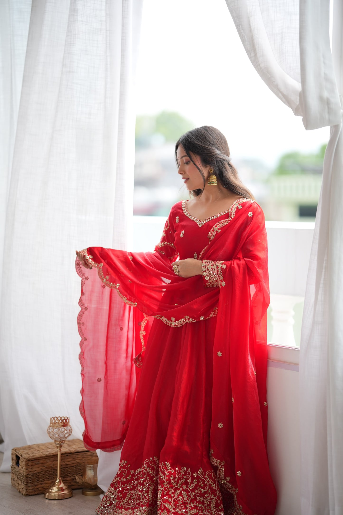 Red color Fendy Silk Designer Party wear Anarkali Gown Pant and Dupatta