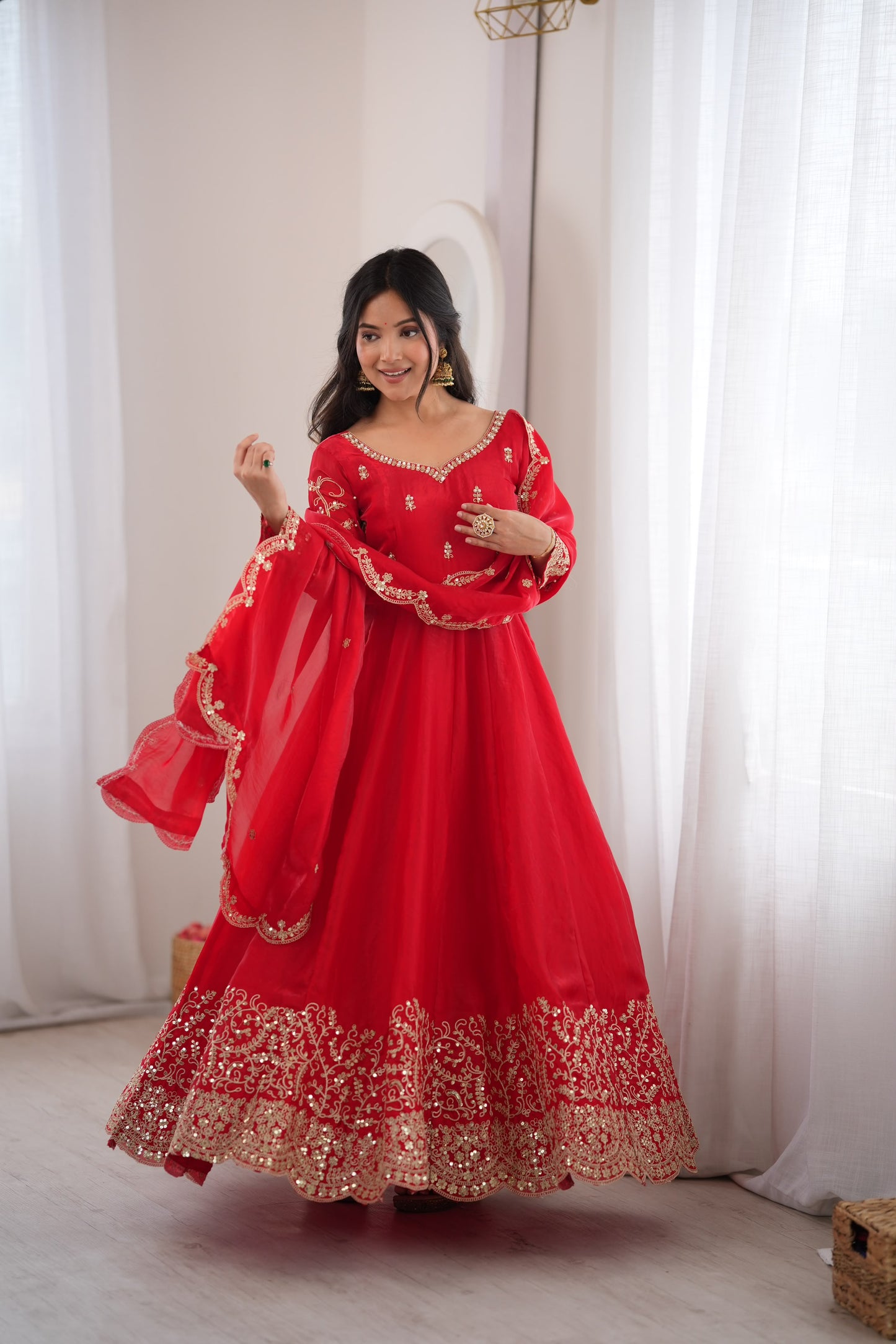 Red color Fendy Silk Designer Party wear Anarkali Gown Pant and Dupatta