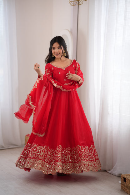 Red color Fendy Silk Designer Party wear Anarkali Gown Pant and Dupatta