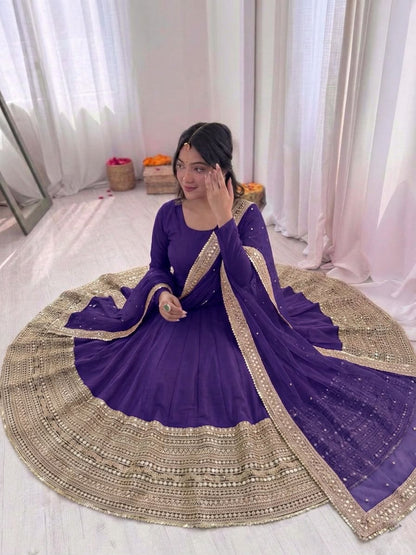 Purple color Roman Silk Designer Party wear Anarkali Gown Pant and Dupatta