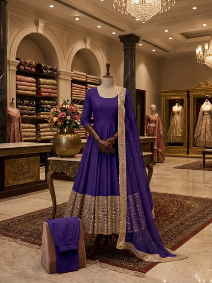 Purple color Roman Silk Designer Party wear Anarkali Gown Pant and Dupatta