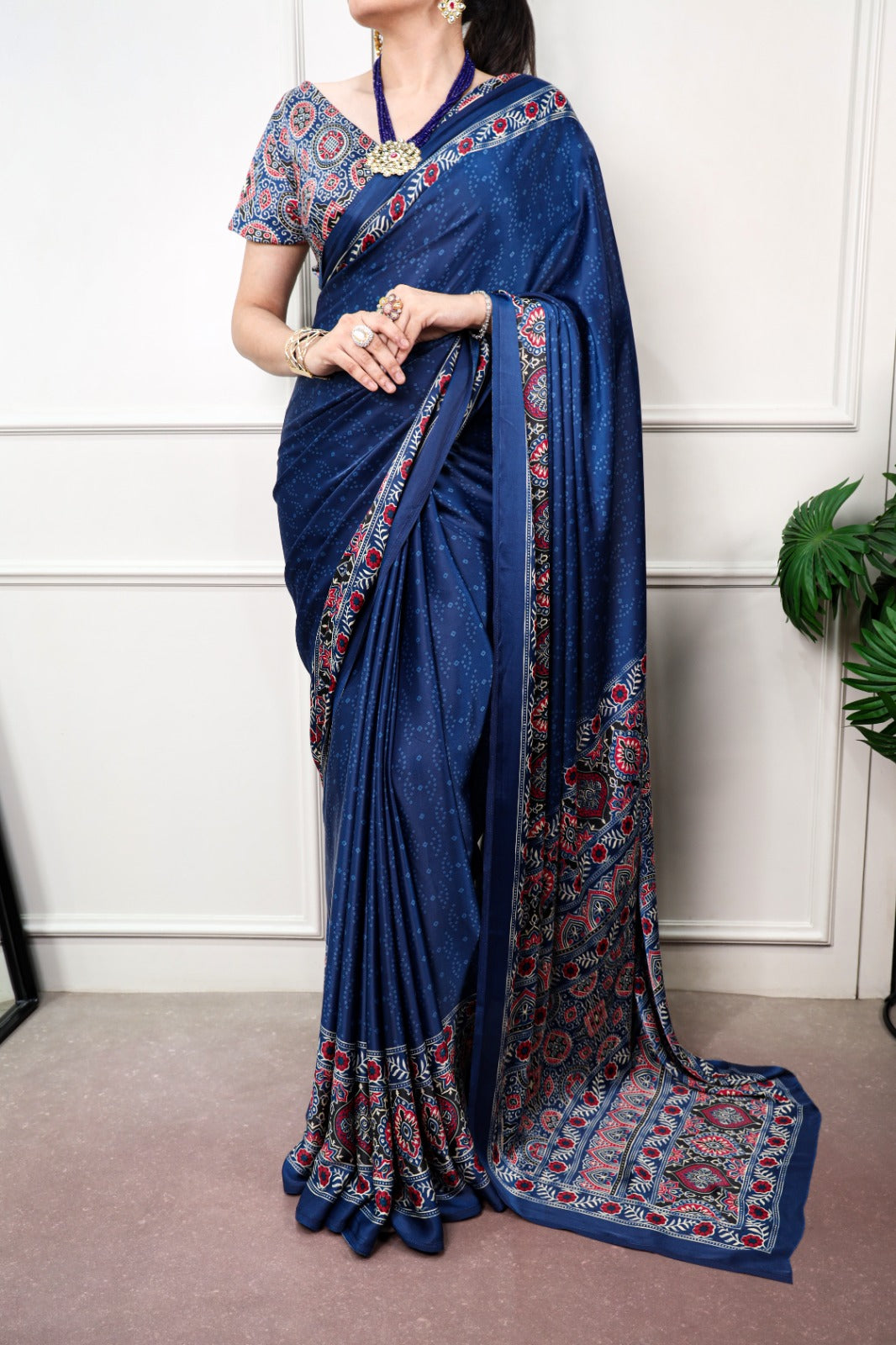 Navy Blue color Satin Silk Ajrakh and Bandej Print Saree