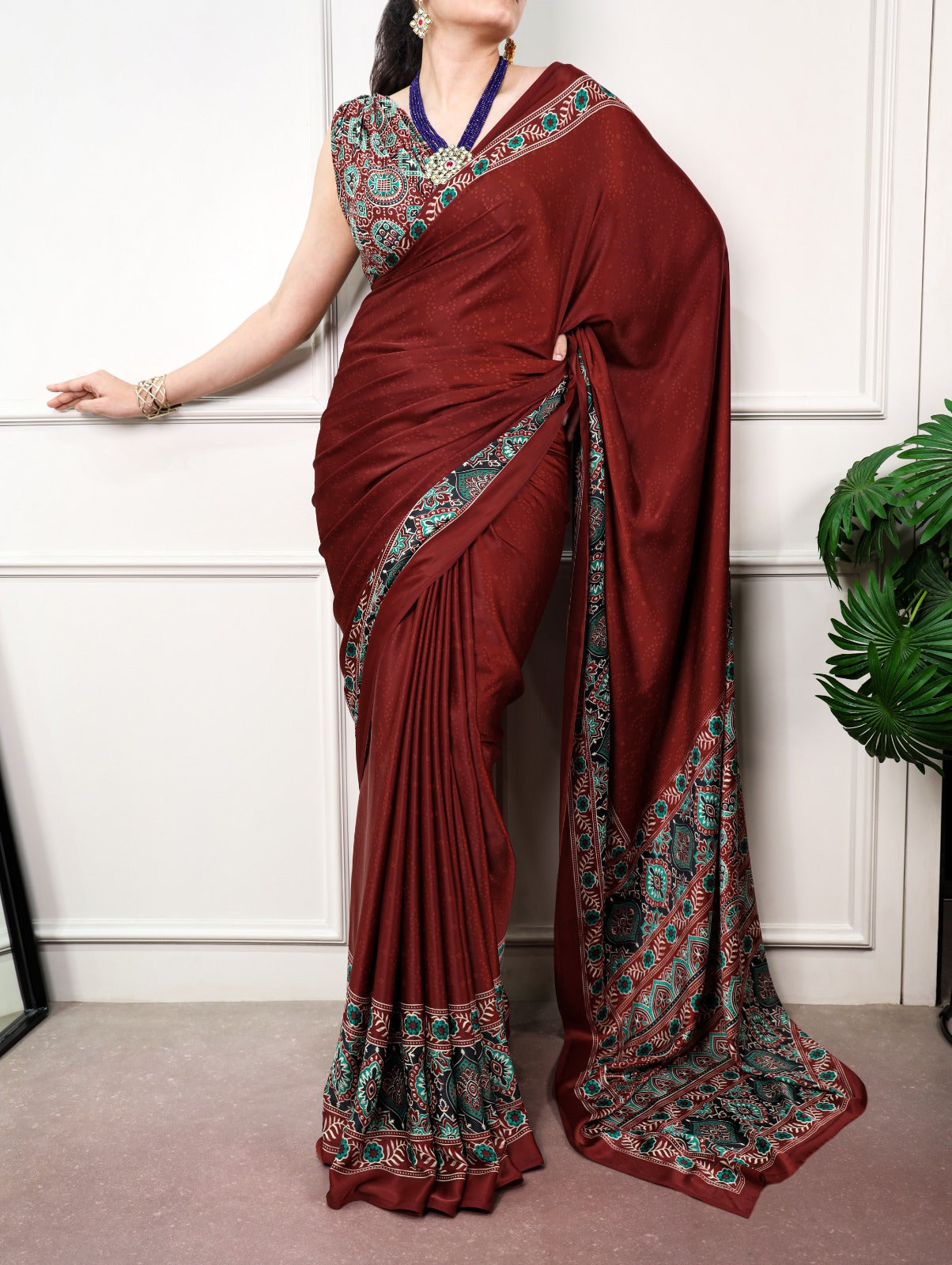 Maroon color Satin Silk Ajrakh and Bandej Print Saree