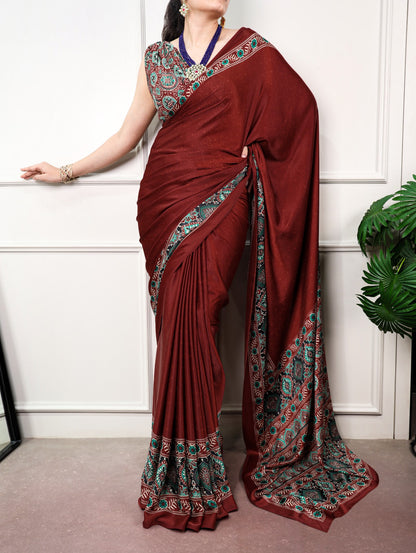 Maroon color Satin Silk Ajrakh and Bandej Print Saree