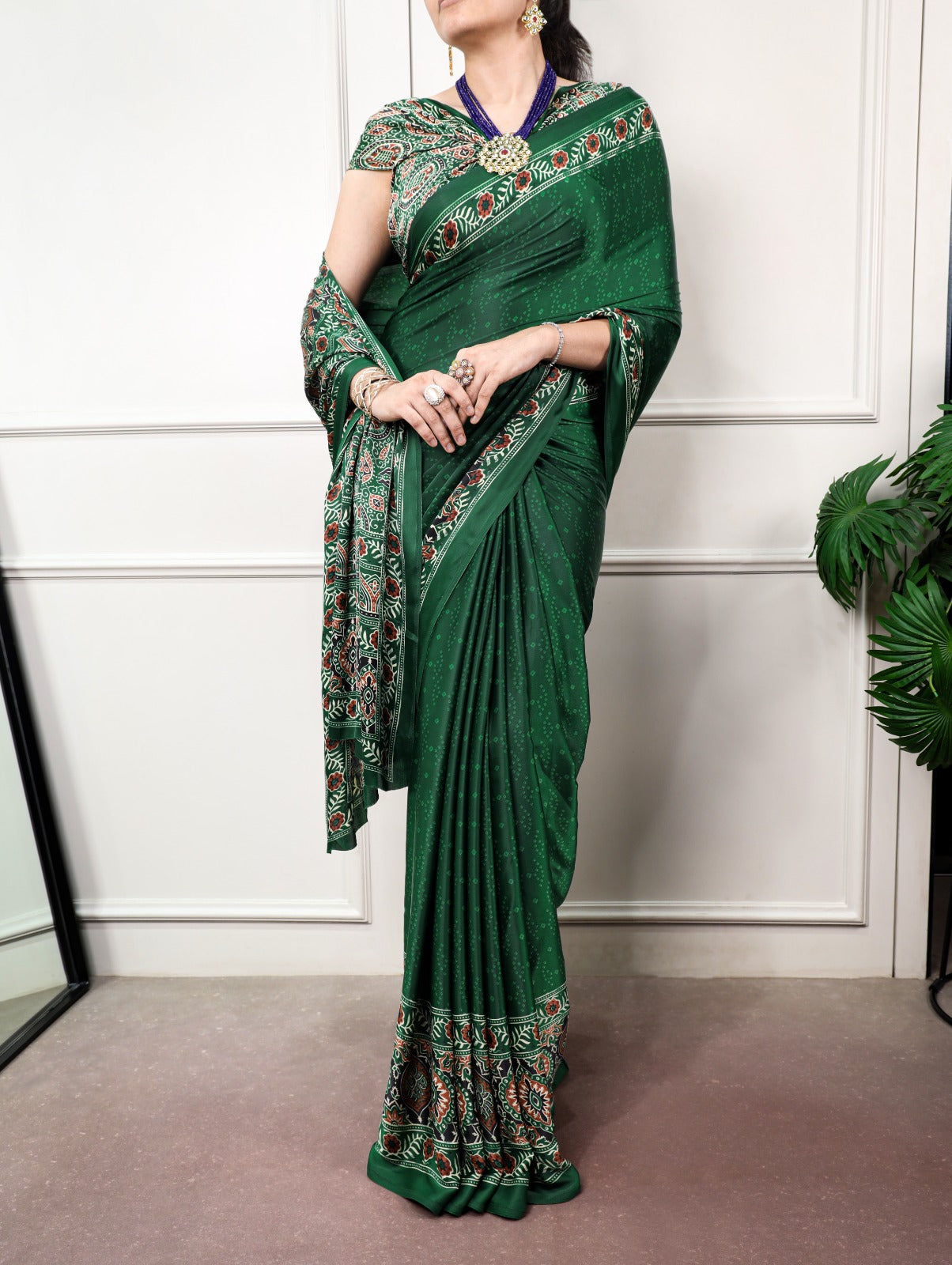 Green color Satin Silk Ajrakh and Bandej Print Saree