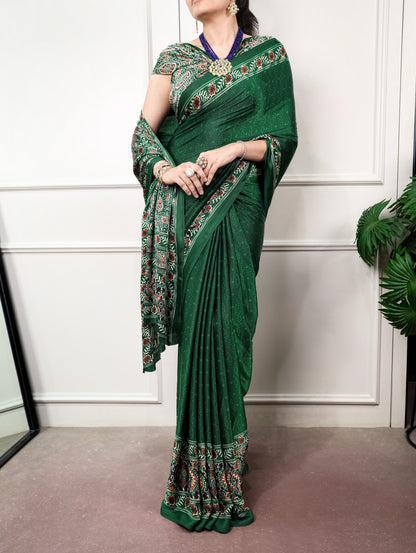 Green color Satin Silk Ajrakh and Bandej Print Saree