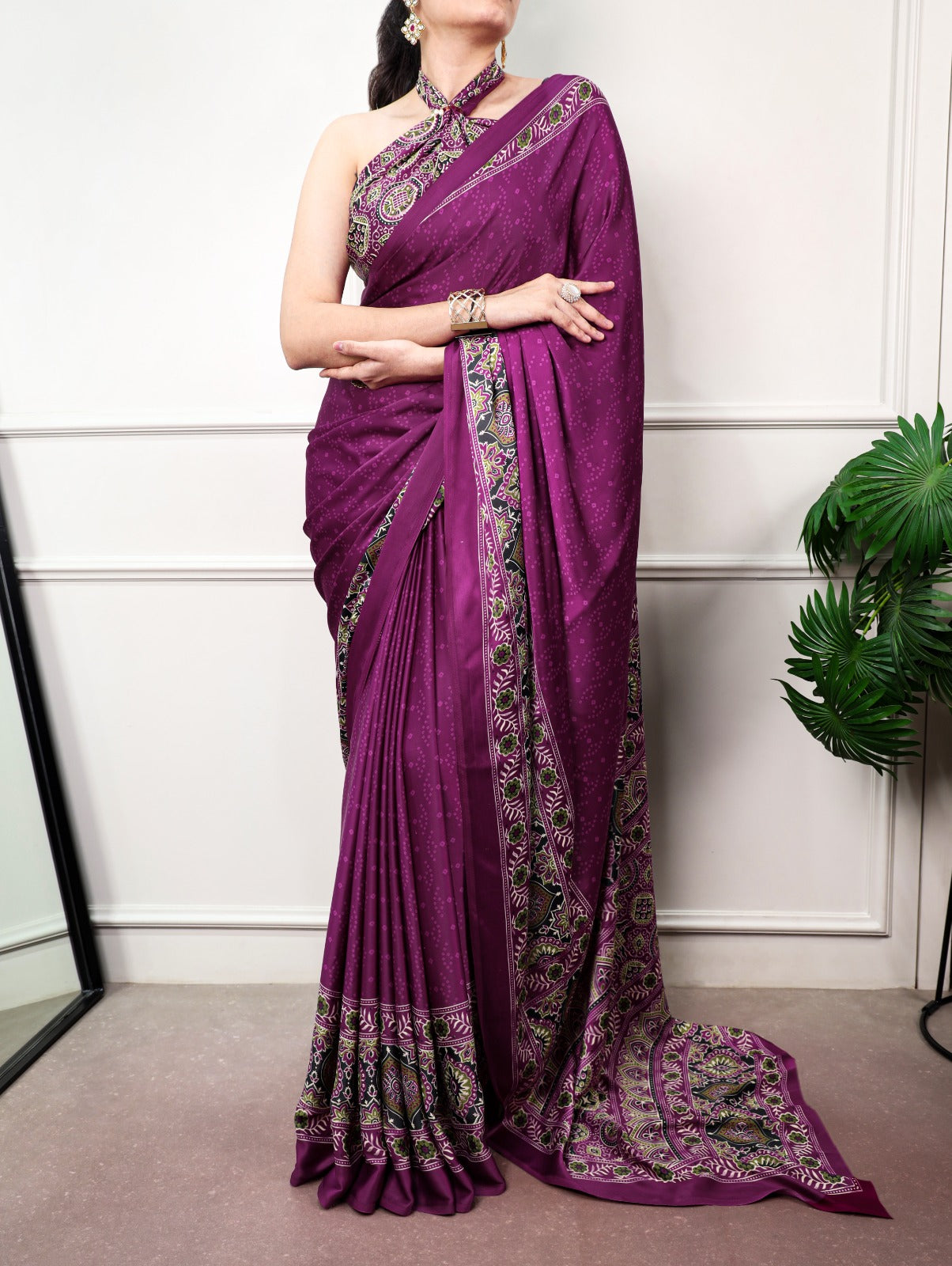 Wine color Satin Silk Ajrakh and Bandej Print Saree