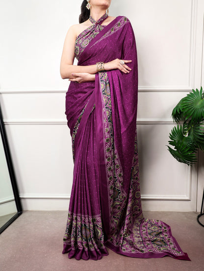 Wine color Satin Silk Ajrakh and Bandej Print Saree