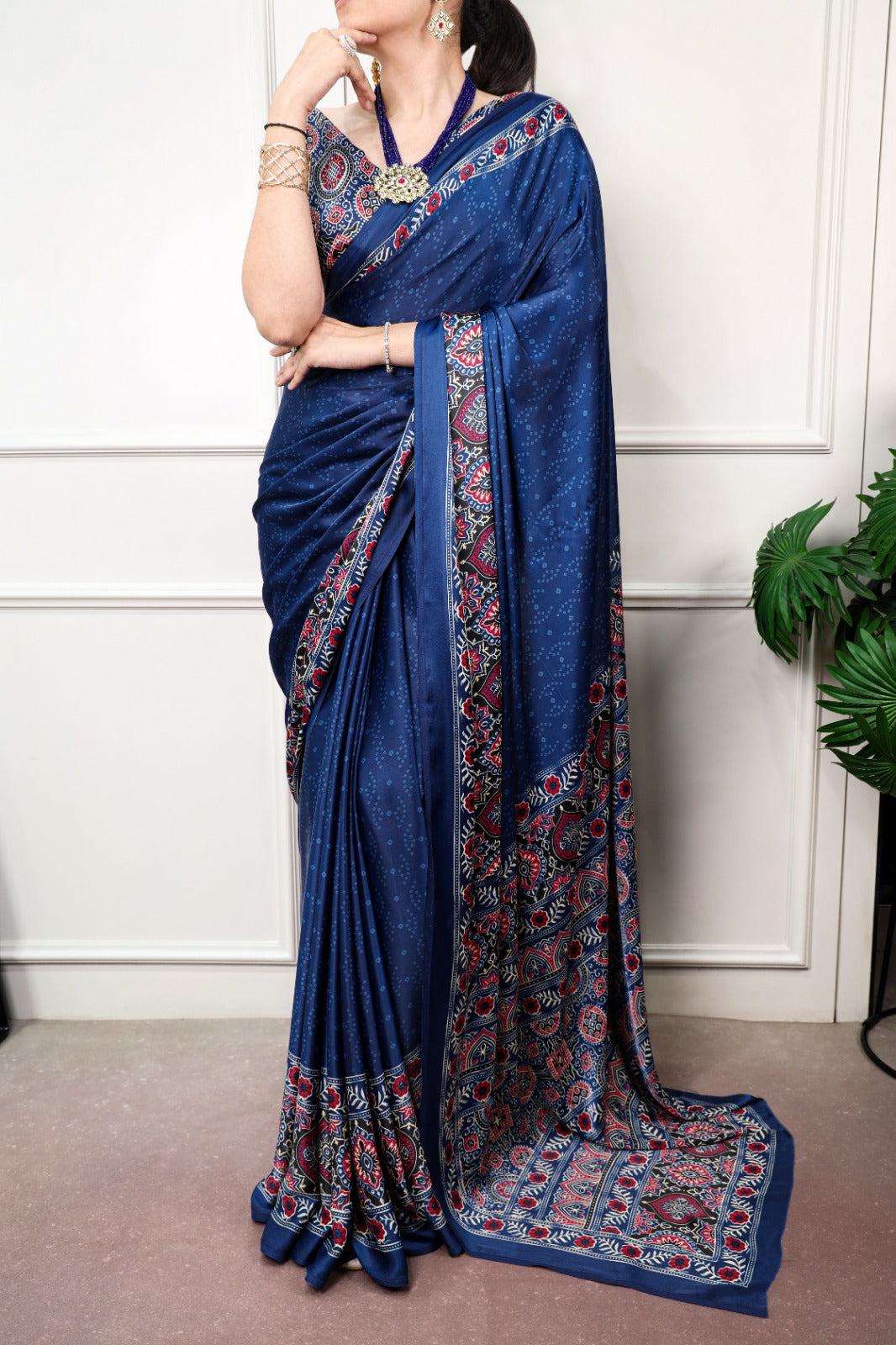 Navy Blue color Satin Silk Ajrakh and Bandej Print Saree