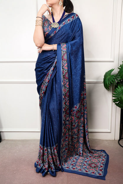 Navy Blue color Satin Silk Ajrakh and Bandej Print Saree