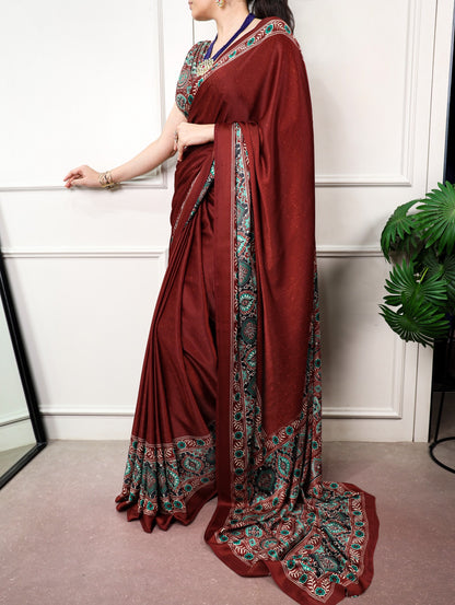 Maroon color Satin Silk Ajrakh and Bandej Print Saree