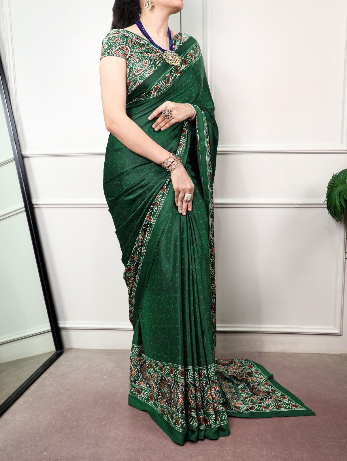 Green color Satin Silk Ajrakh and Bandej Print Saree