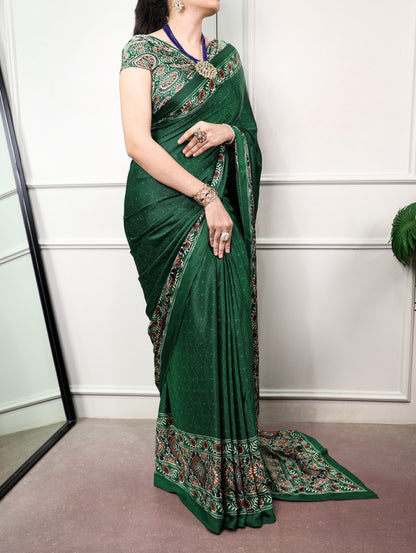 Green color Satin Silk Ajrakh and Bandej Print Saree