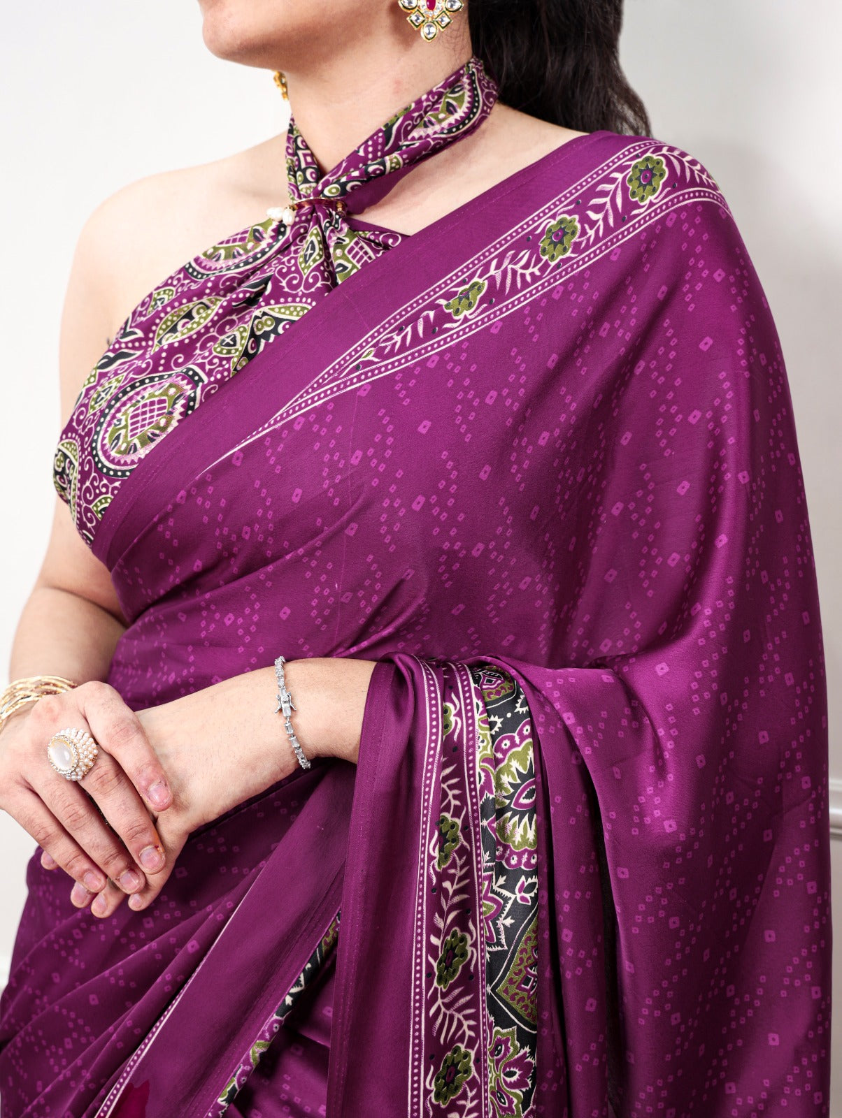 Wine color Satin Silk Ajrakh and Bandej Print Saree