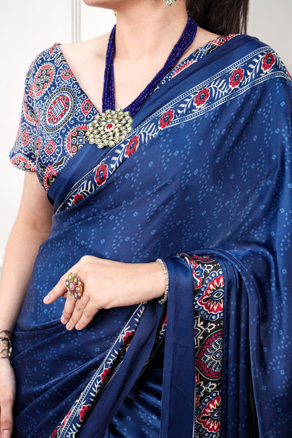 Navy Blue color Satin Silk Ajrakh and Bandej Print Saree