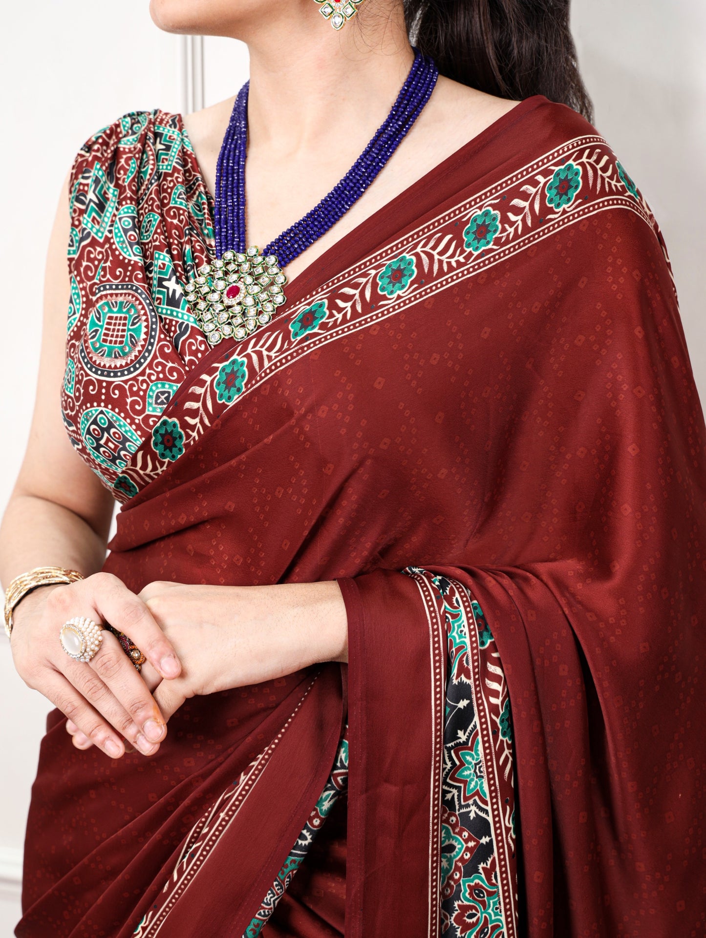 Maroon color Satin Silk Ajrakh and Bandej Print Saree