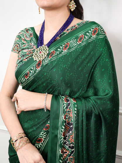 Green color Satin Silk Ajrakh and Bandej Print Saree