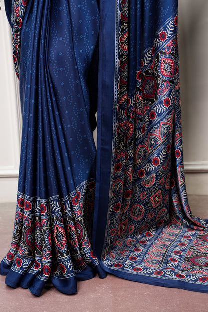 Navy Blue color Satin Silk Ajrakh and Bandej Print Saree
