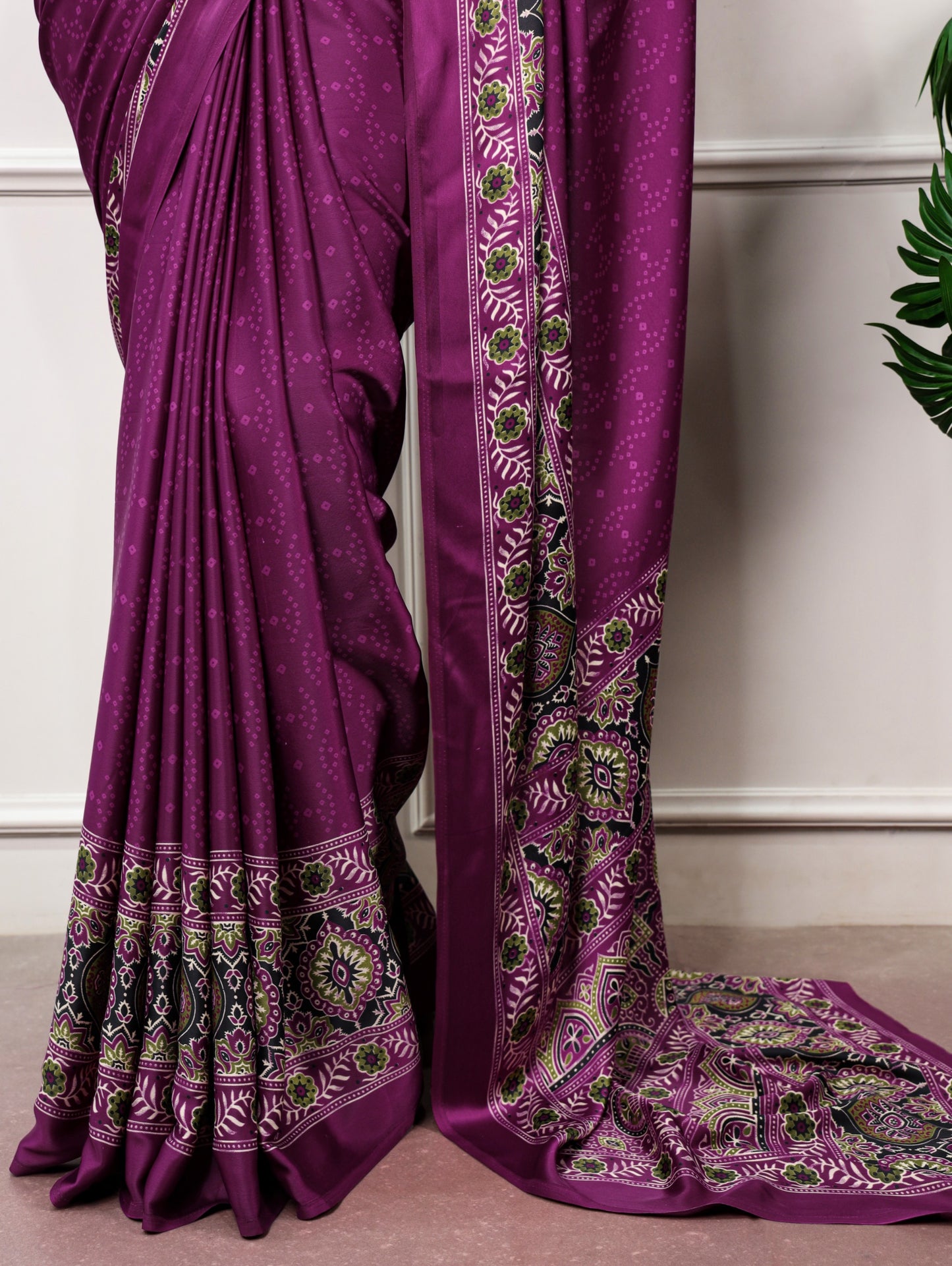 Wine color Satin Silk Ajrakh and Bandej Print Saree