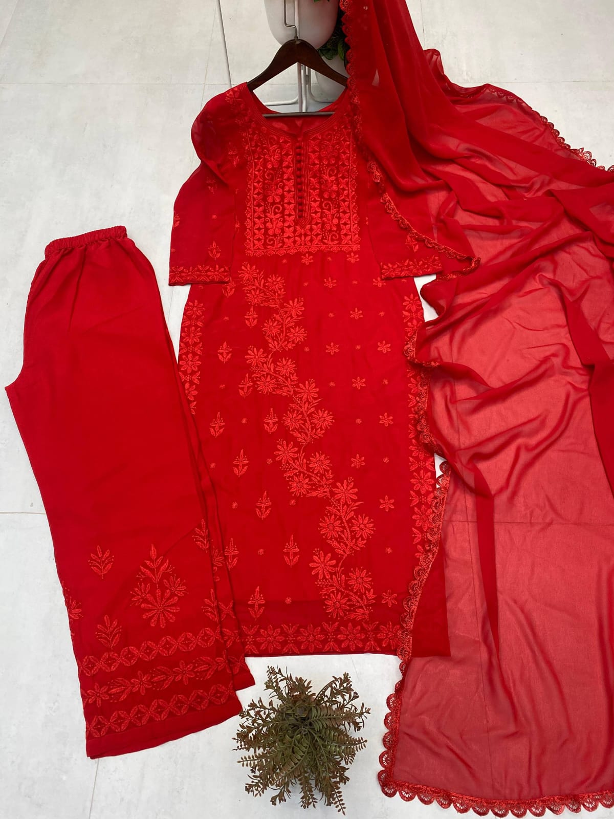 Red color Georgette Chikankari Embroidery Work Kurta Pant with Dupatta