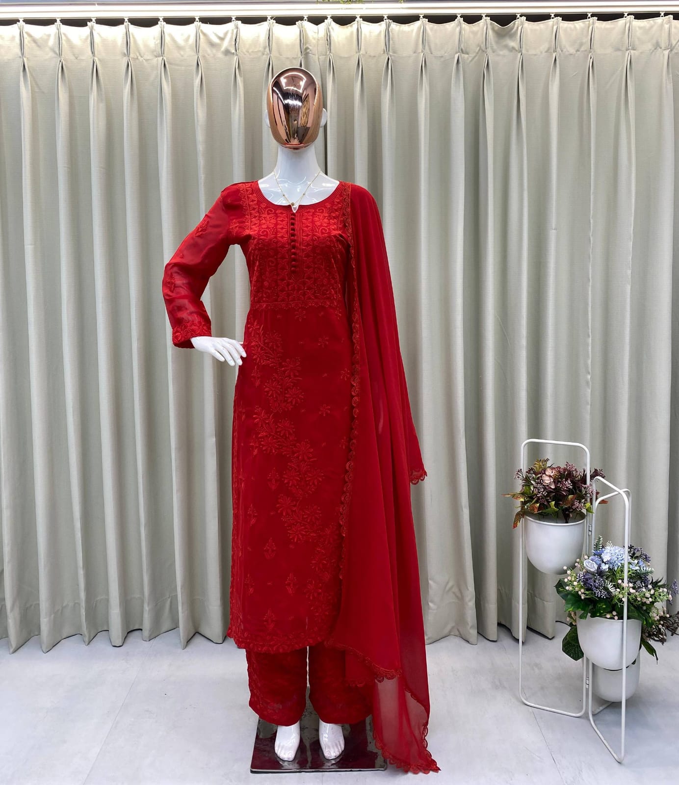 Red color Georgette Chikankari Embroidery Work Kurta Pant with Dupatta