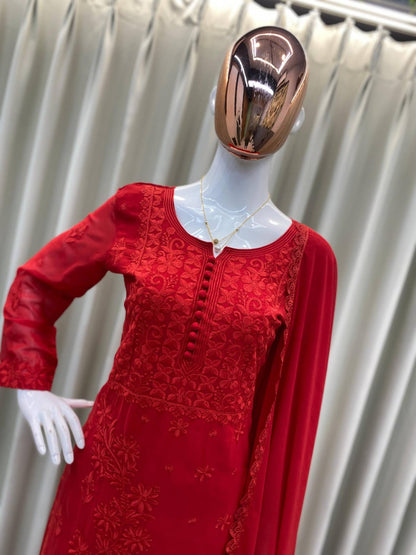 Red color Georgette Chikankari Embroidery Work Kurta Pant with Dupatta