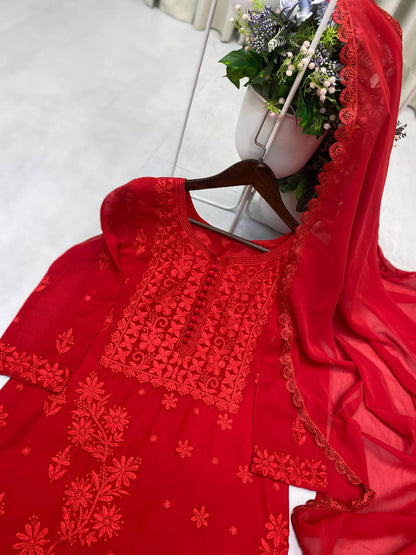Red color Georgette Chikankari Embroidery Work Kurta Pant with Dupatta