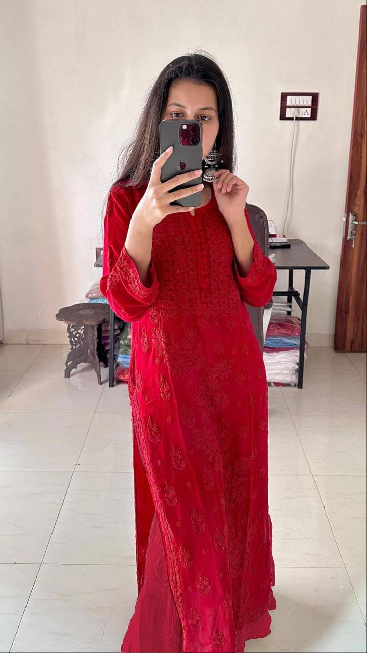Red color Georgette Chikankari Embroidery Work Kurta Pant with Dupatta